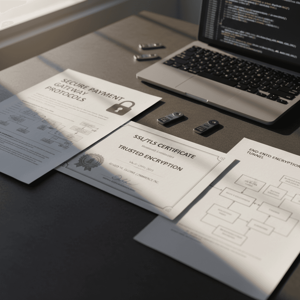 Close-up overhead view of security documentation, SSL certificates, and encryption protocols on development workspace