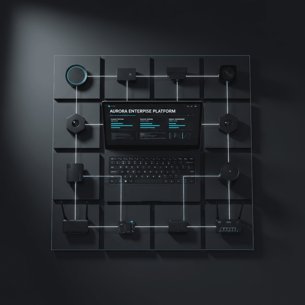 Overhead flat-lay of smart devices and sensors arranged with digital dashboard displaying IoT ecosystem integration