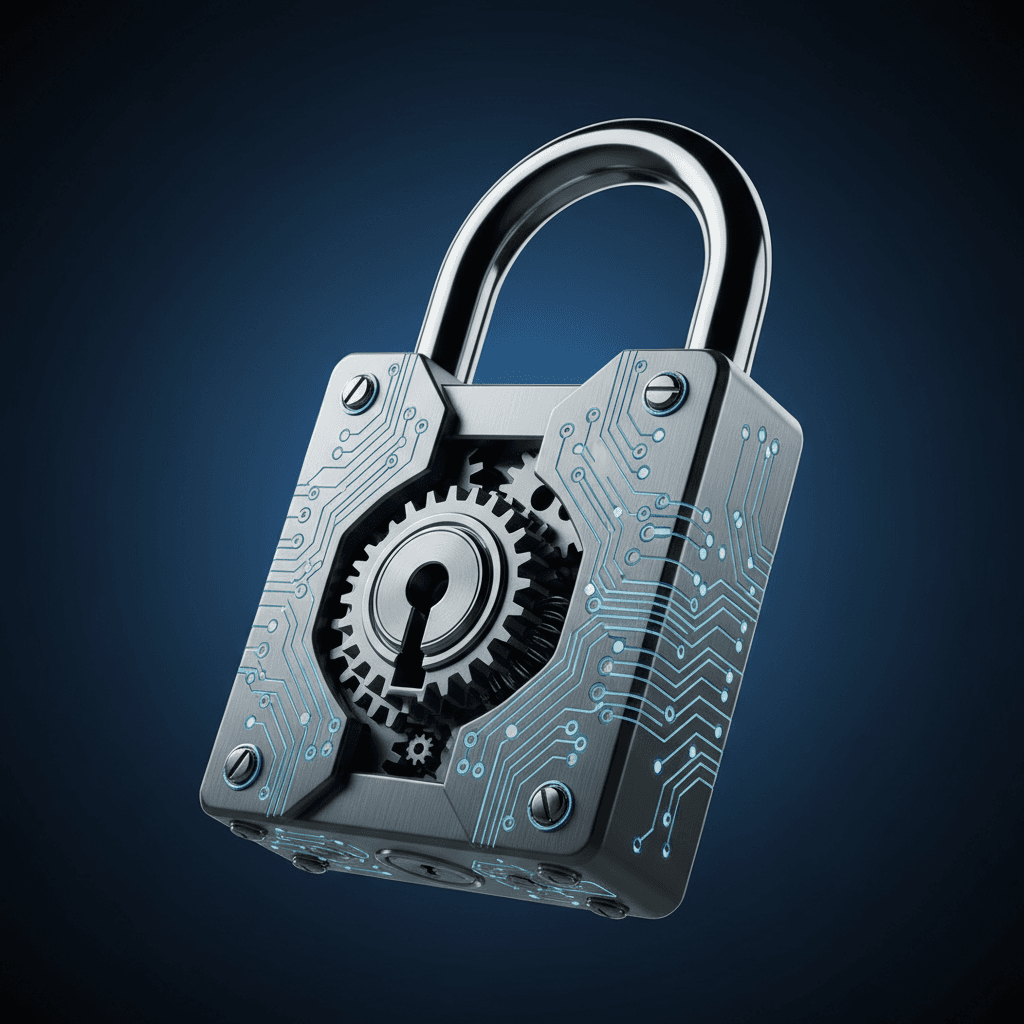 Metallic security padlock with digital circuit patterns against deep blue background, symbolizing encryption and data protection