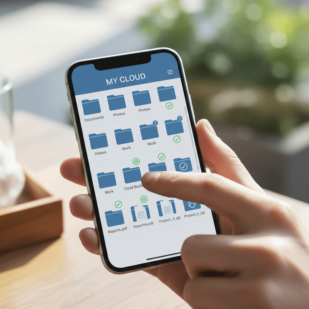 Close-up of smartphone hand displaying cloud storage app with folders and synchronization status
