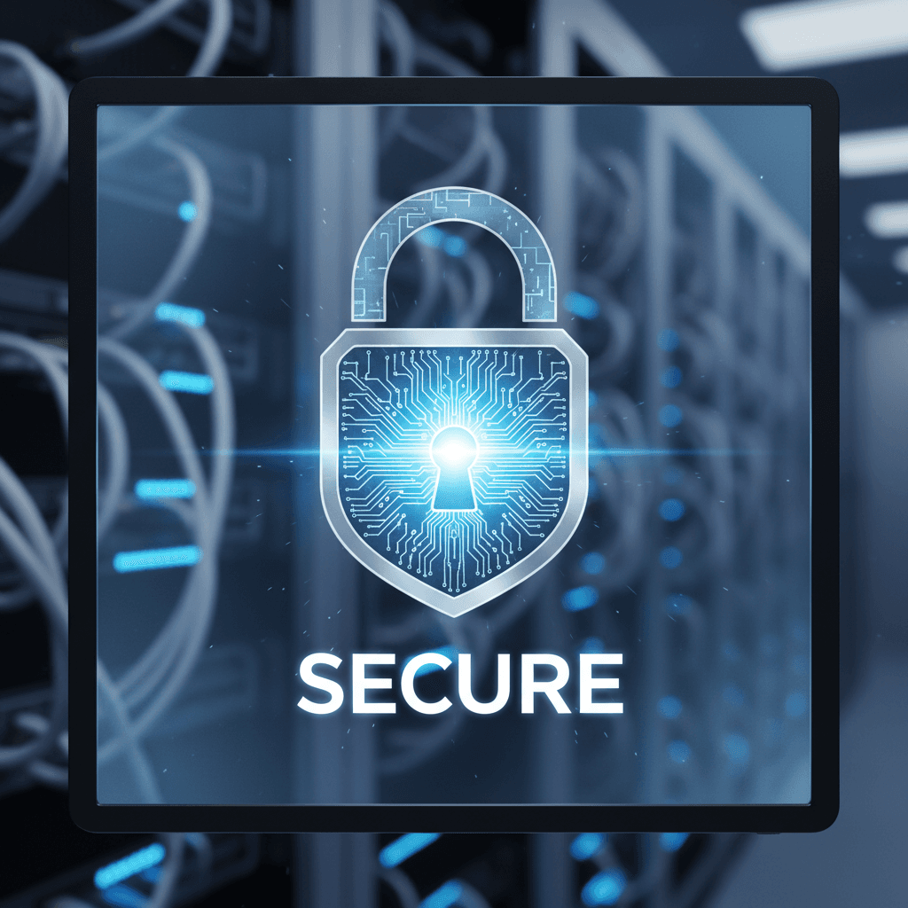 Glowing padlock security icon on digital screen with blurred data center infrastructure in background