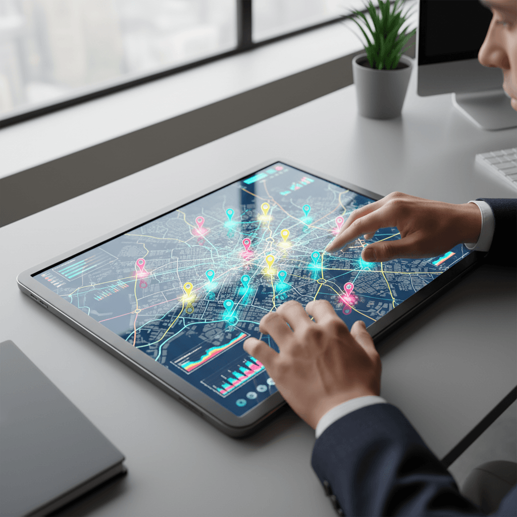 Professional hands interacting with digital mapping interface on tablet, displaying color-coded facility locations and network nodes