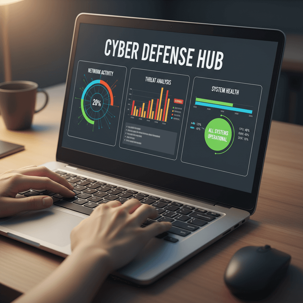 Laptop screen displaying cybersecurity dashboard with network monitoring and threat analysis