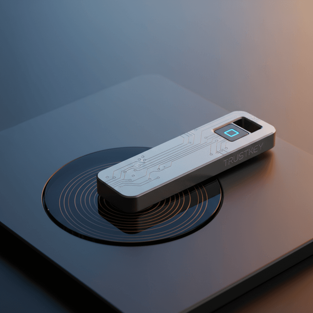 Macro close-up of security hardware authentication device showing intricate metallic details and precision engineering