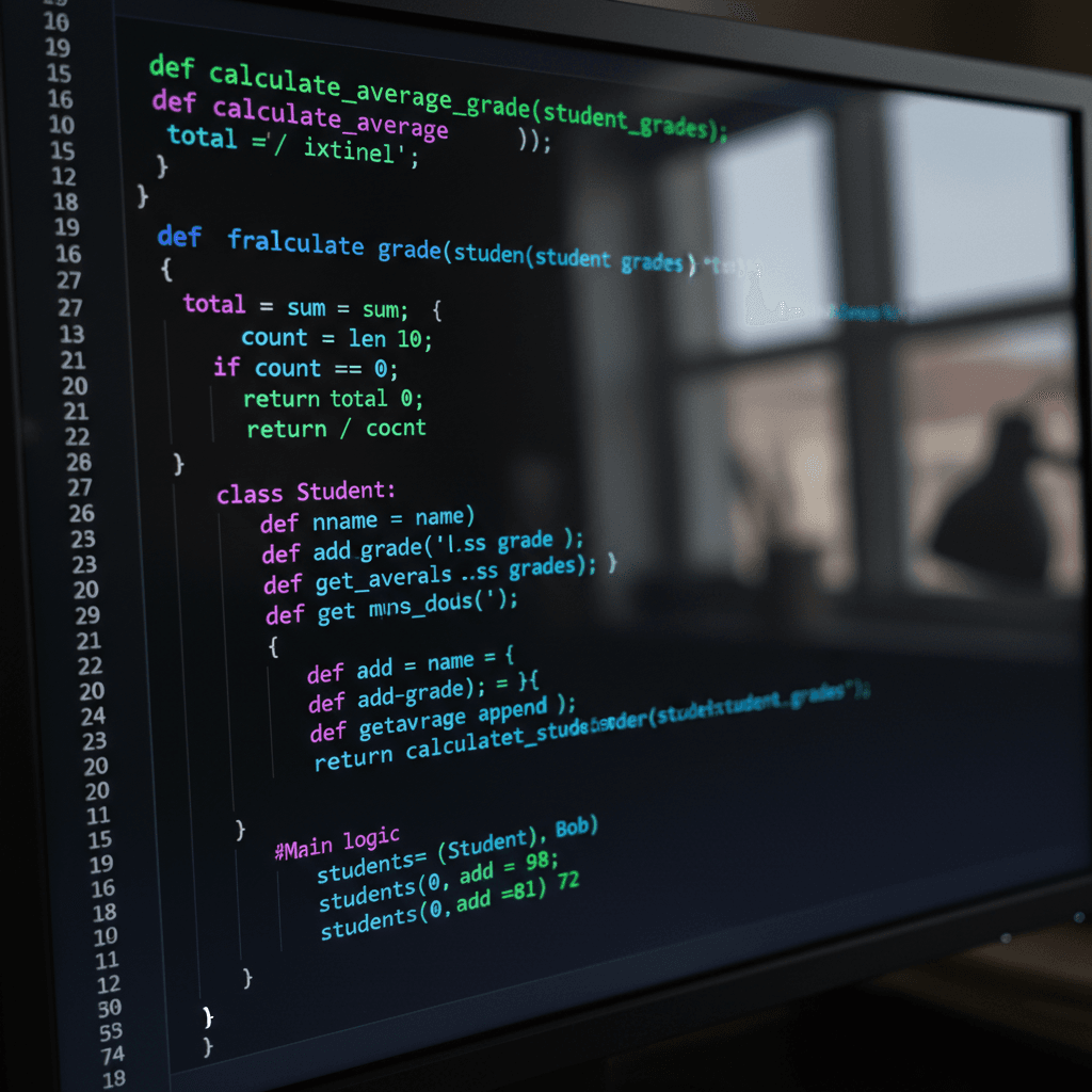 Close-up of color-coded programming code displayed on monitor screen showing Python or JavaScript syntax