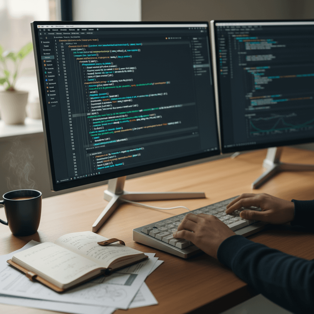 Developer hands typing code on mechanical keyboard with Python algorithms displayed on dual monitors in natural daylight