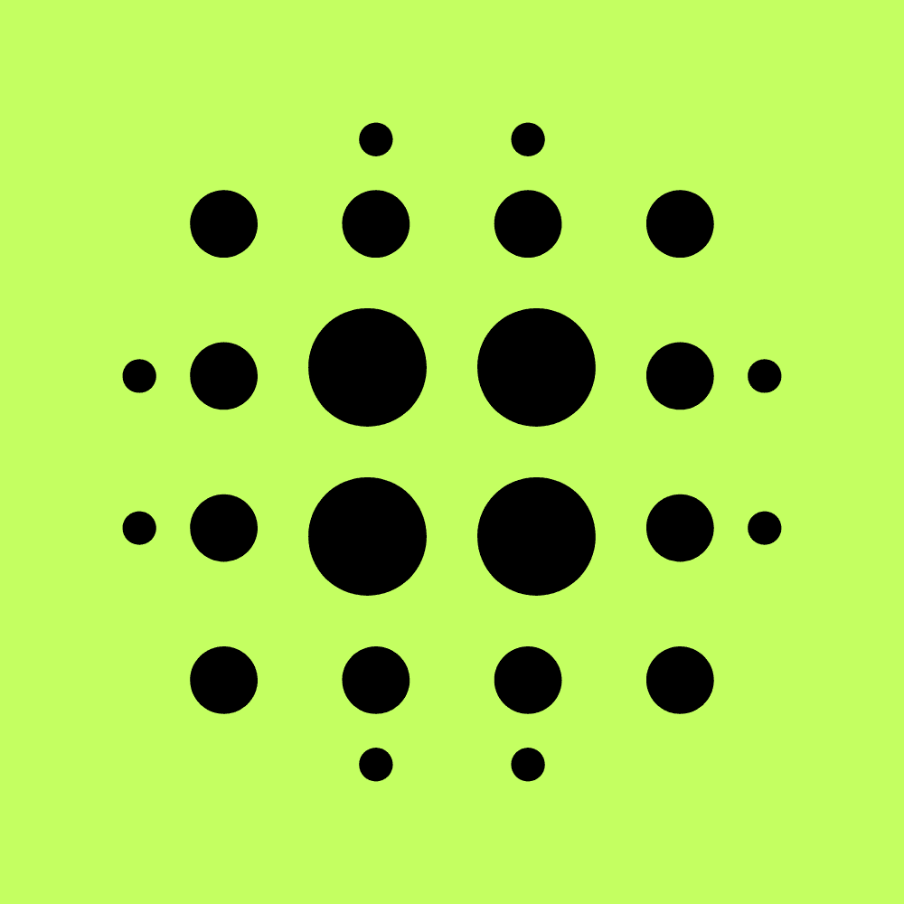 Black circular dot pattern resembling the Cardano logo centered on a solid lime green background.
